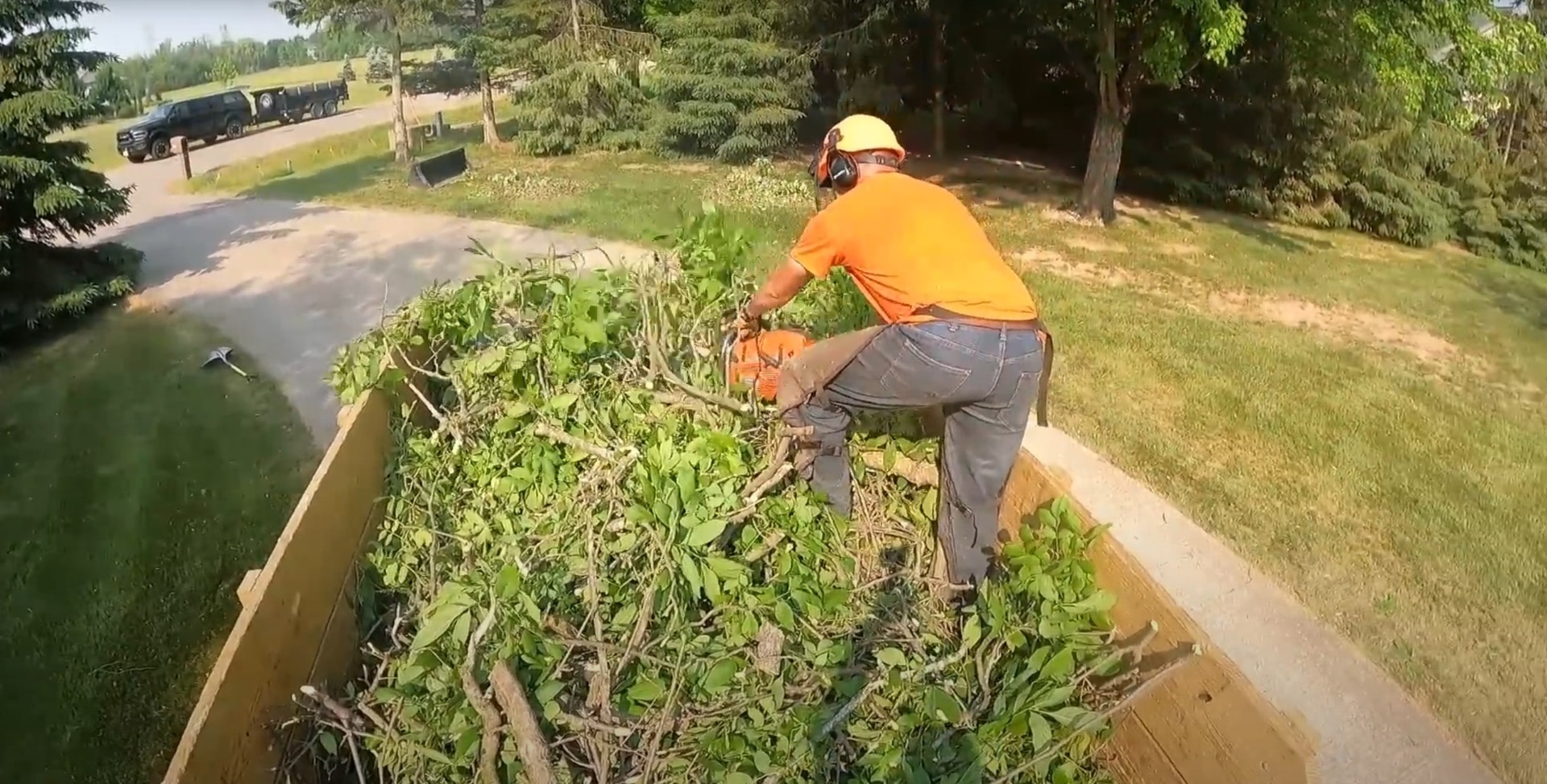 Expert stump grinding services to clear yard space for landscaping Professional tree service worker using chainsaw for stump grinding and removal